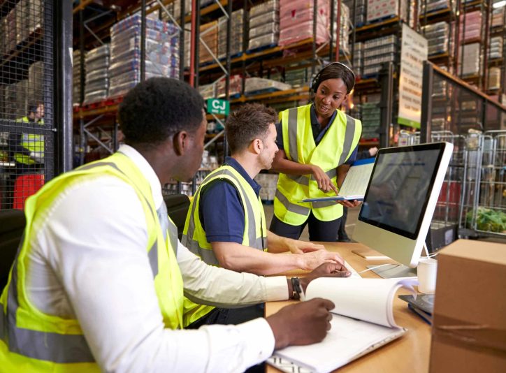 Team discussing warehouse logistics in an on-site office